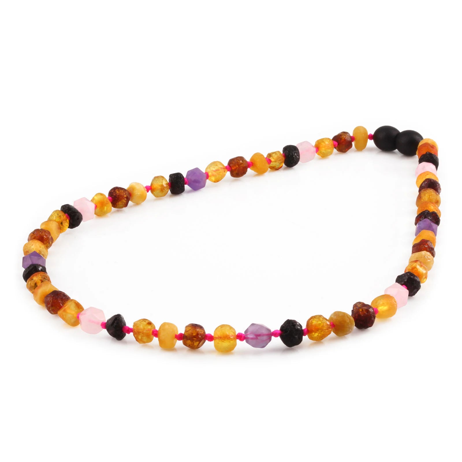 Natural Baltic Amber Junior Necklace with Amethyst & Rose Quartz. Baroque 6mm - JN109