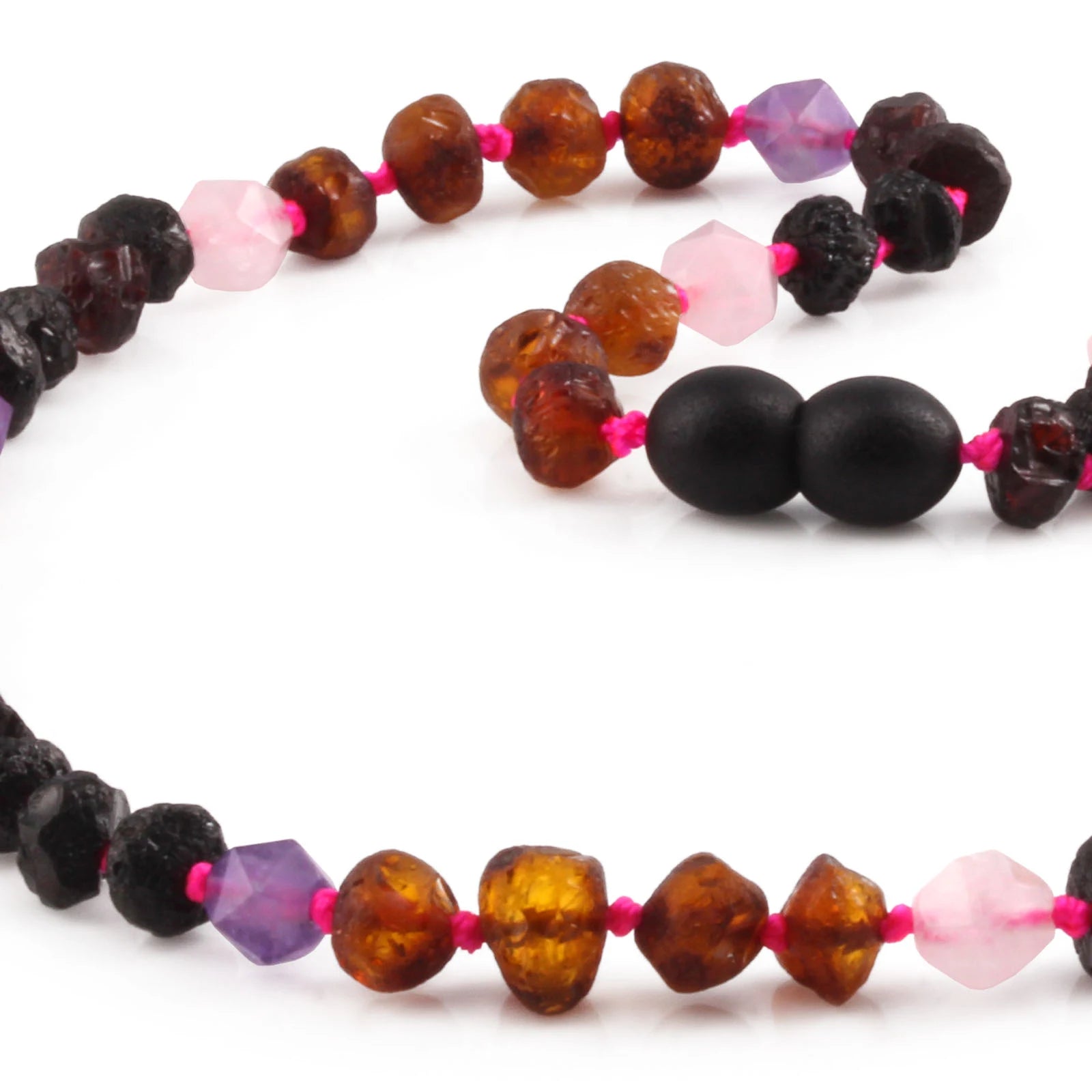Natural Baltic Amber Junior Necklace with Amethyst & Rose Quartz. Baroque 6mm - JN110