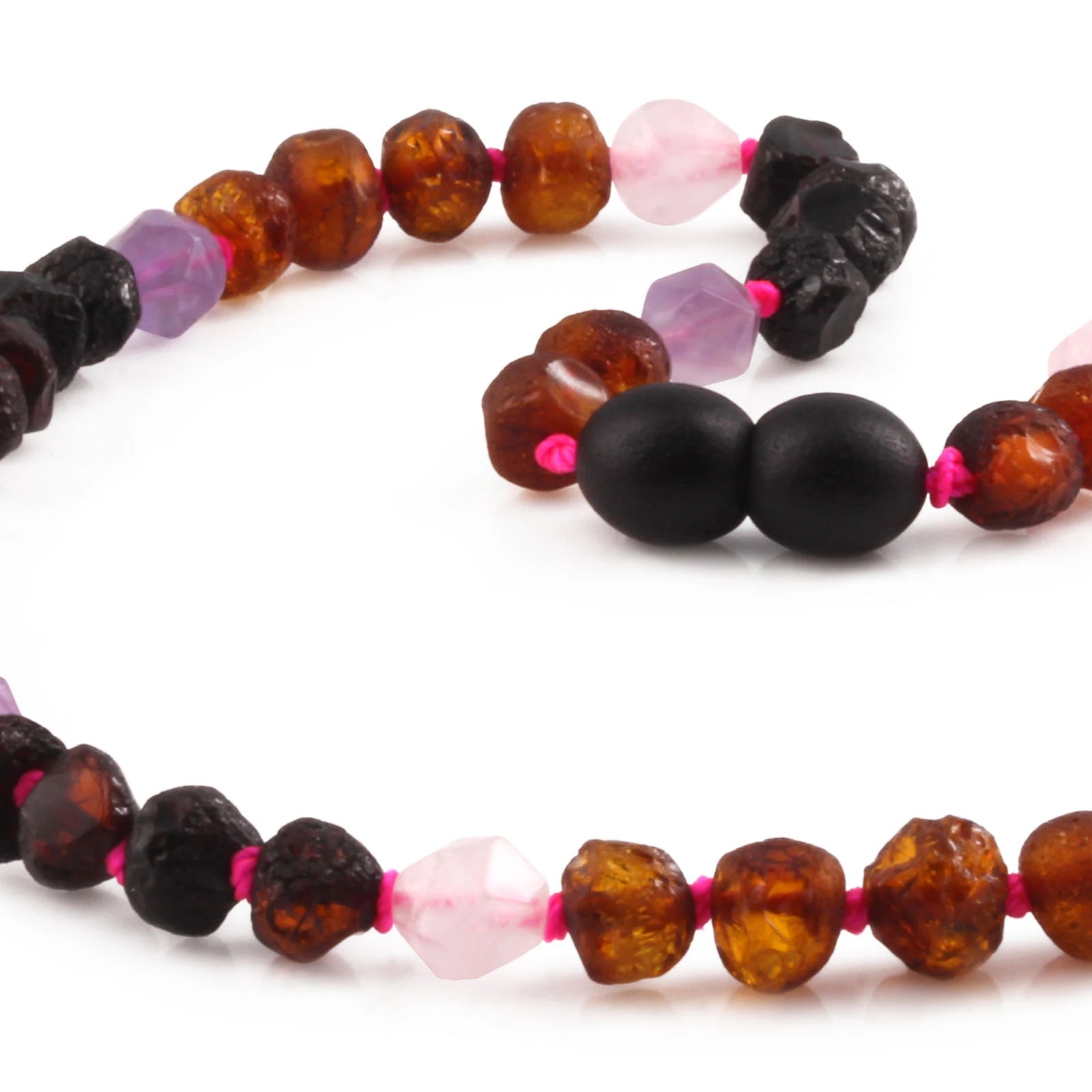 Baltic Amber Teething Necklace with Amethyst & Rose Quartz. Baroque 6mm - LE561