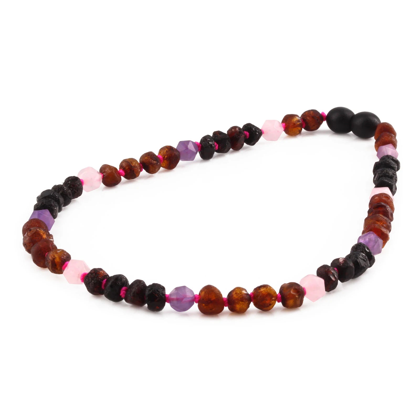 Baltic Amber Teething Necklace with Amethyst & Rose Quartz. Baroque 6mm - LE561