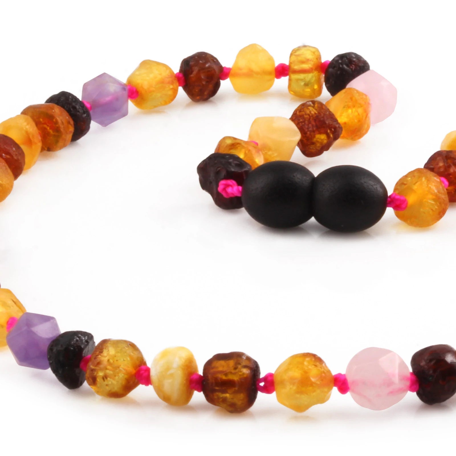 Baltic Amber Teething Necklace with Amethyst & Rose Quartz. Baroque 6mm - LE560
