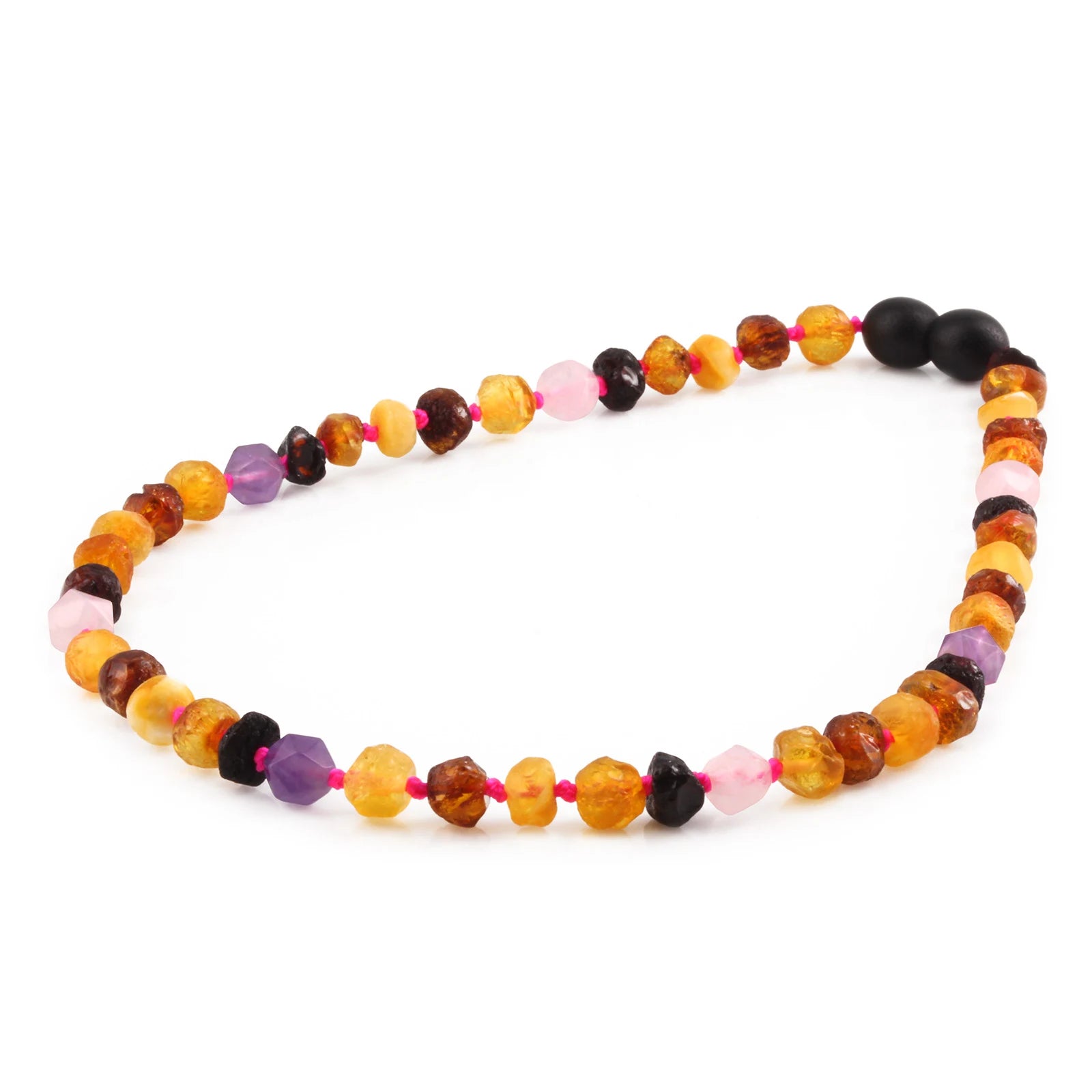 Baltic Amber Teething Necklace with Amethyst & Rose Quartz. Baroque 6mm - LE560