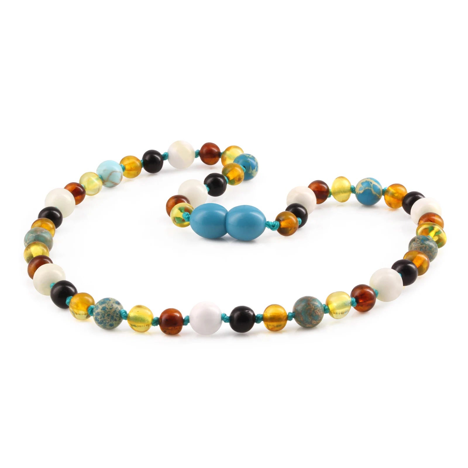Baltic Amber Teething Necklace with Lake Blue Imperial Jasper & Tridacna Shell. Baroque 5mm - LE474-T