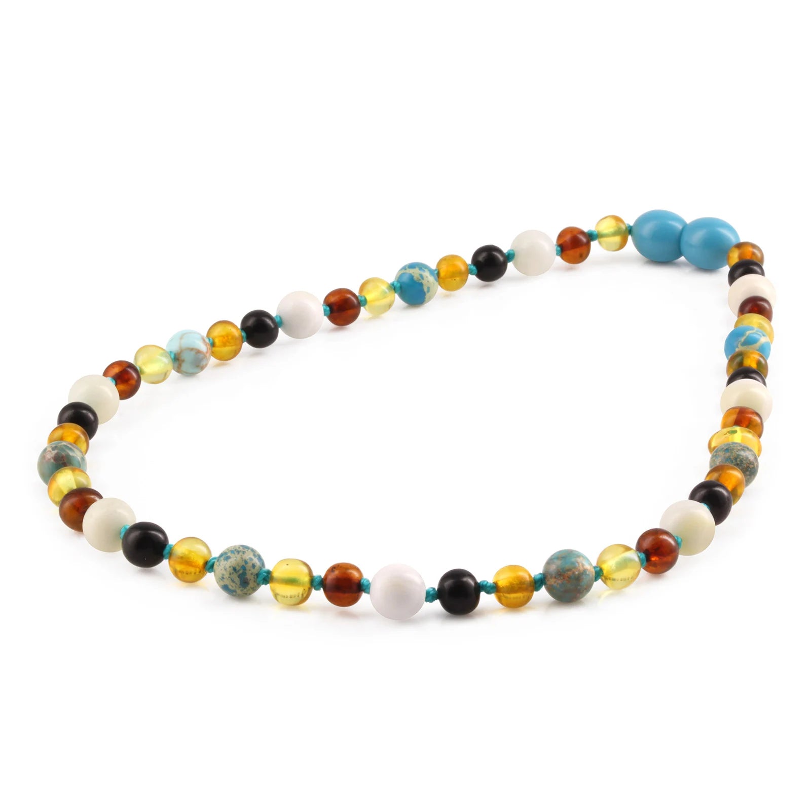 Baltic Amber Teething Necklace with Lake Blue Imperial Jasper & Tridacna Shell. Baroque 5mm - LE474-T