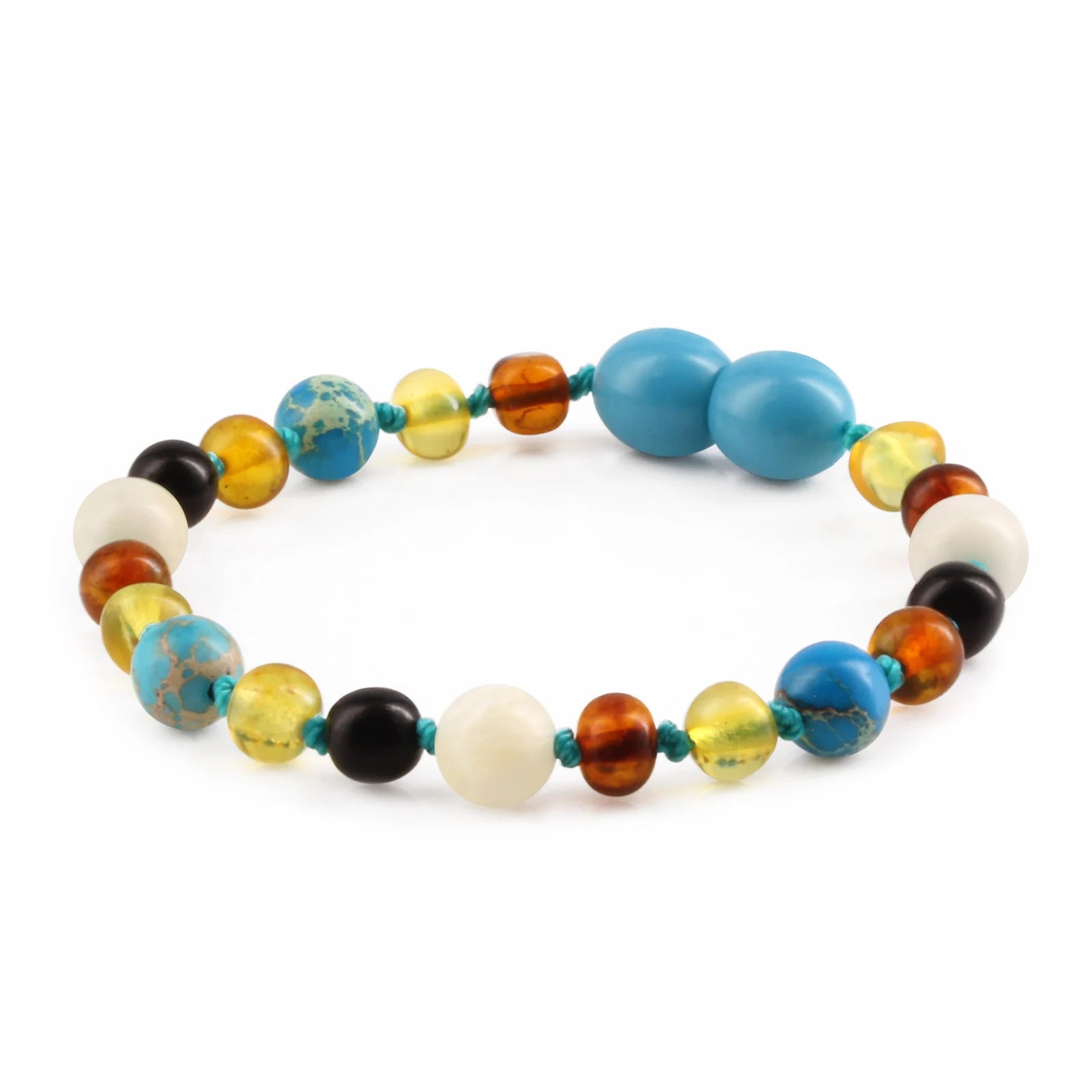 Baltic Amber Teething Bracelet with Lake Blue Imperial Jasper & Tridacna Shell. Baroque 5mm - LE474-T