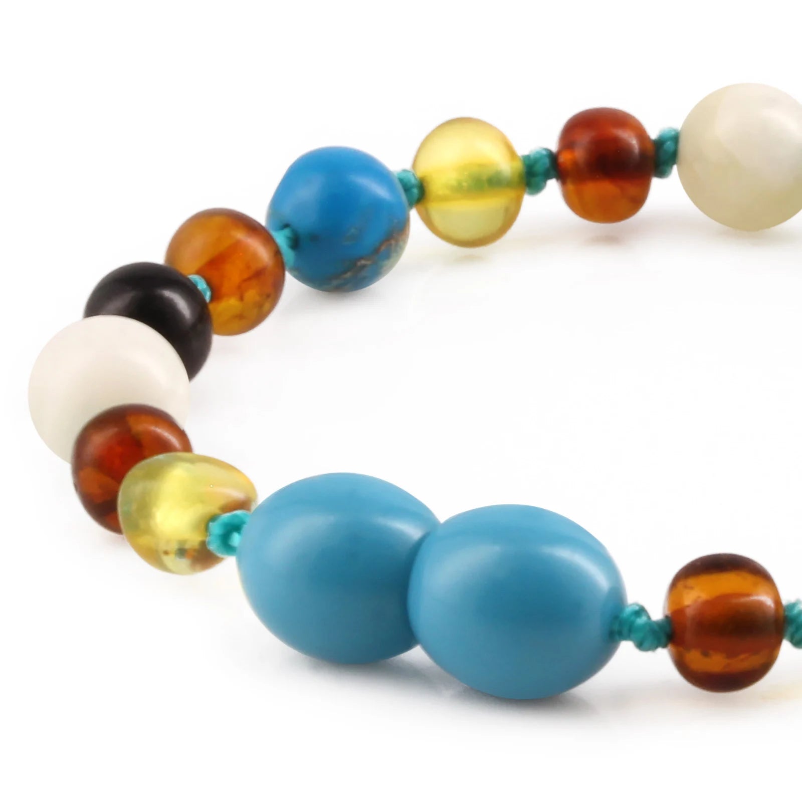 Baltic Amber Teething Bracelet with Lake Blue Imperial Jasper & Tridacna Shell. Baroque 5mm - LE474-T