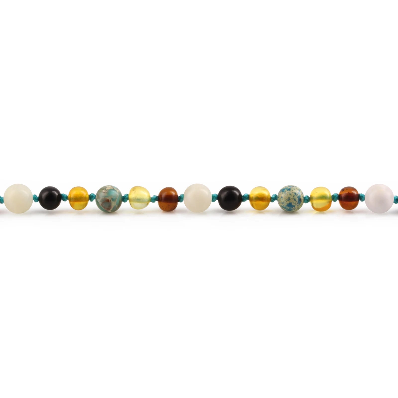 Baltic Amber Teething Necklace with Lake Blue Imperial Jasper & Tridacna Shell. Baroque 5mm - LE474-T