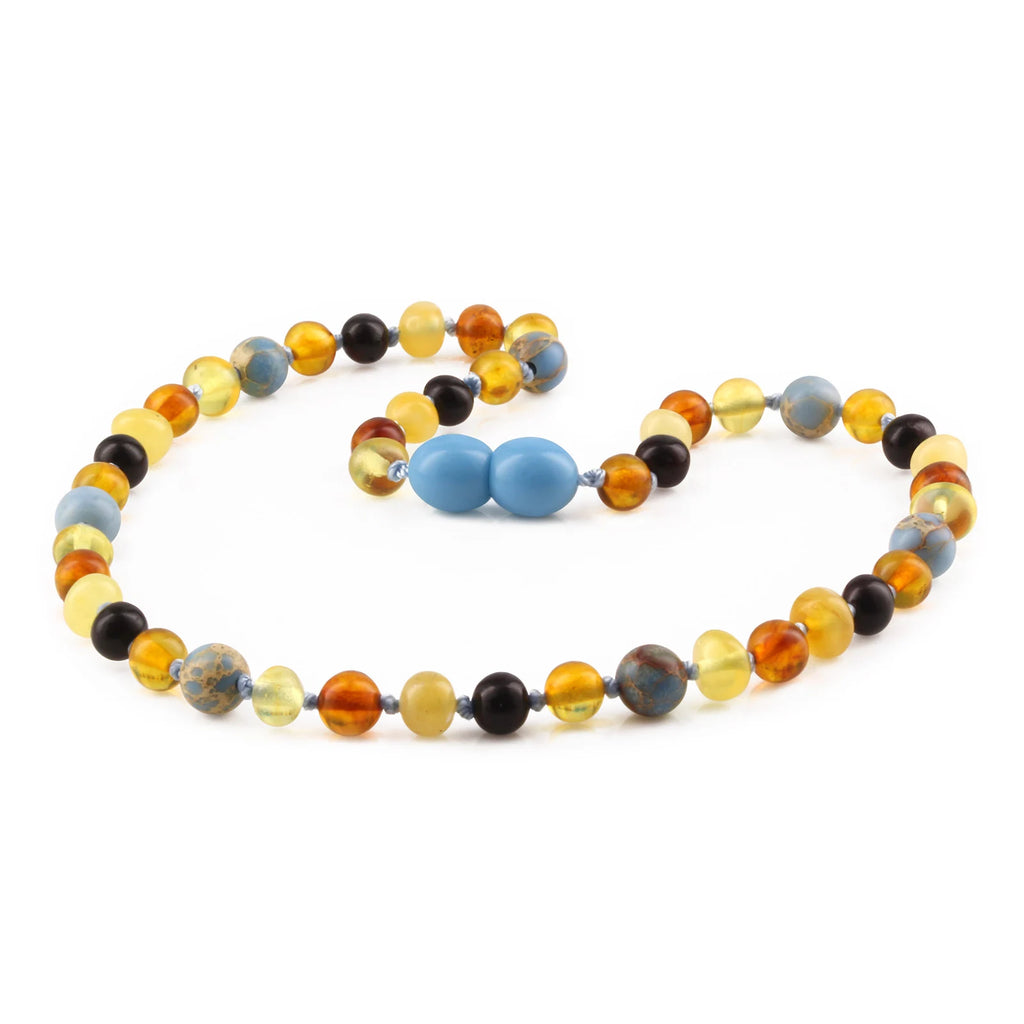 Baltic Amber Teething Necklace with Sky Blue Imperial Jasper. Baroque 5mm - LE466 V2