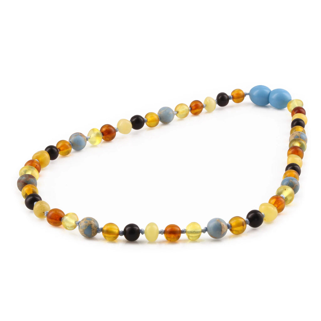 Baltic Amber Teething Necklace with Sky Blue Imperial Jasper. Baroque 5mm - LE466 V2