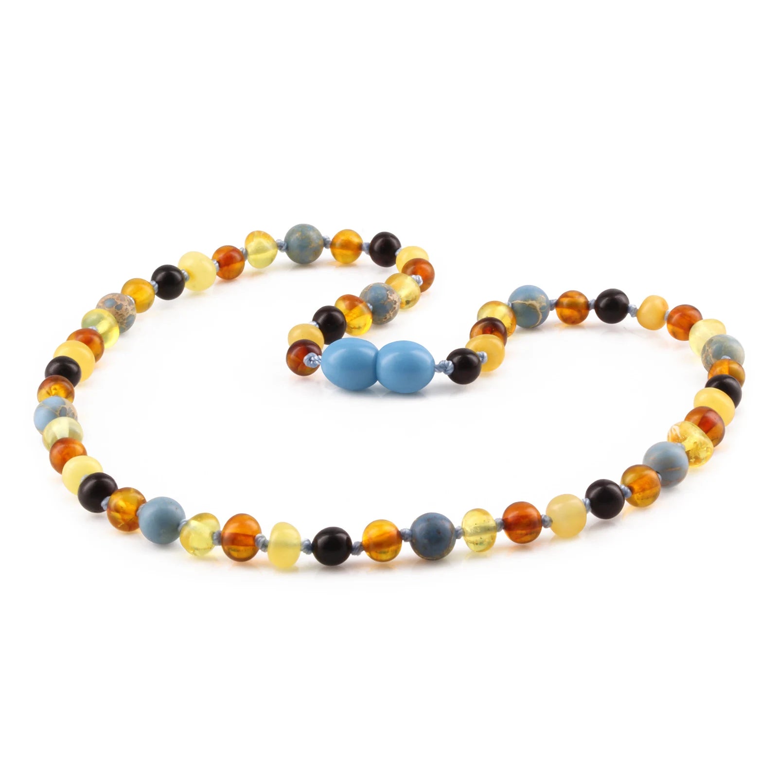 Natural Baltic Amber Junior Necklace with Sky Blue Imperial Jasper. Baroque 5mm - JN106