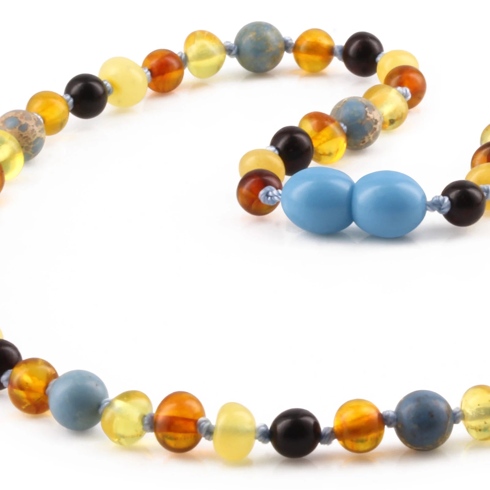 Natural Baltic Amber Junior Necklace with Sky Blue Imperial Jasper. Baroque 5mm - JN106