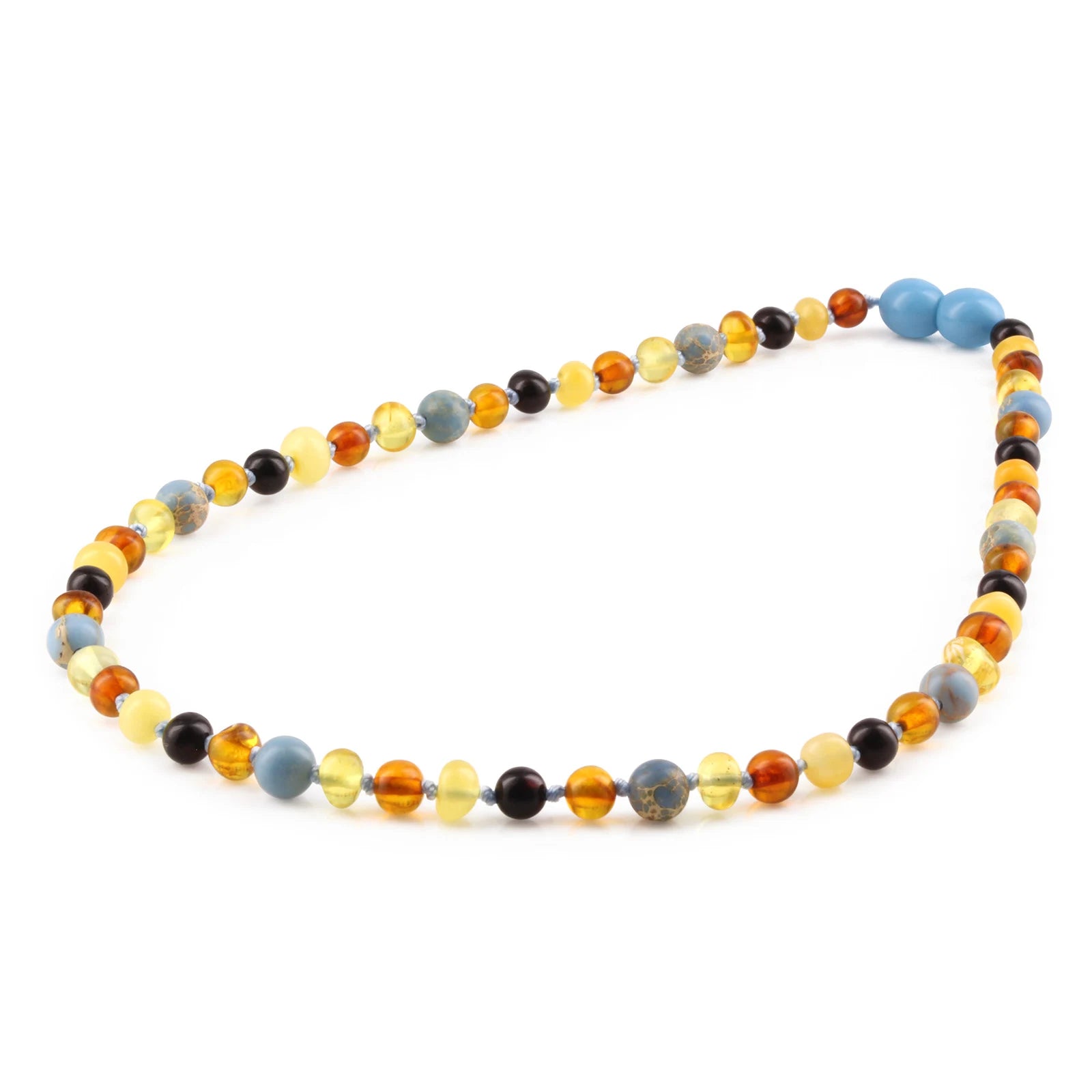 Natural Baltic Amber Junior Necklace with Sky Blue Imperial Jasper. Baroque 5mm - JN106