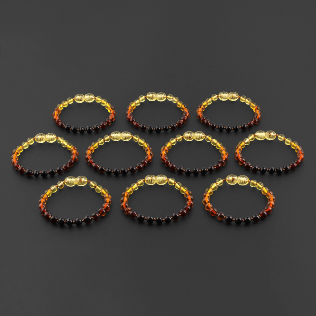 Baltic Amber Baby Teething Bracelet Baroque Rainbow Glossy Finish - Wholesale Lot of 10pcs - 14cm / 5.5in - XB54R1