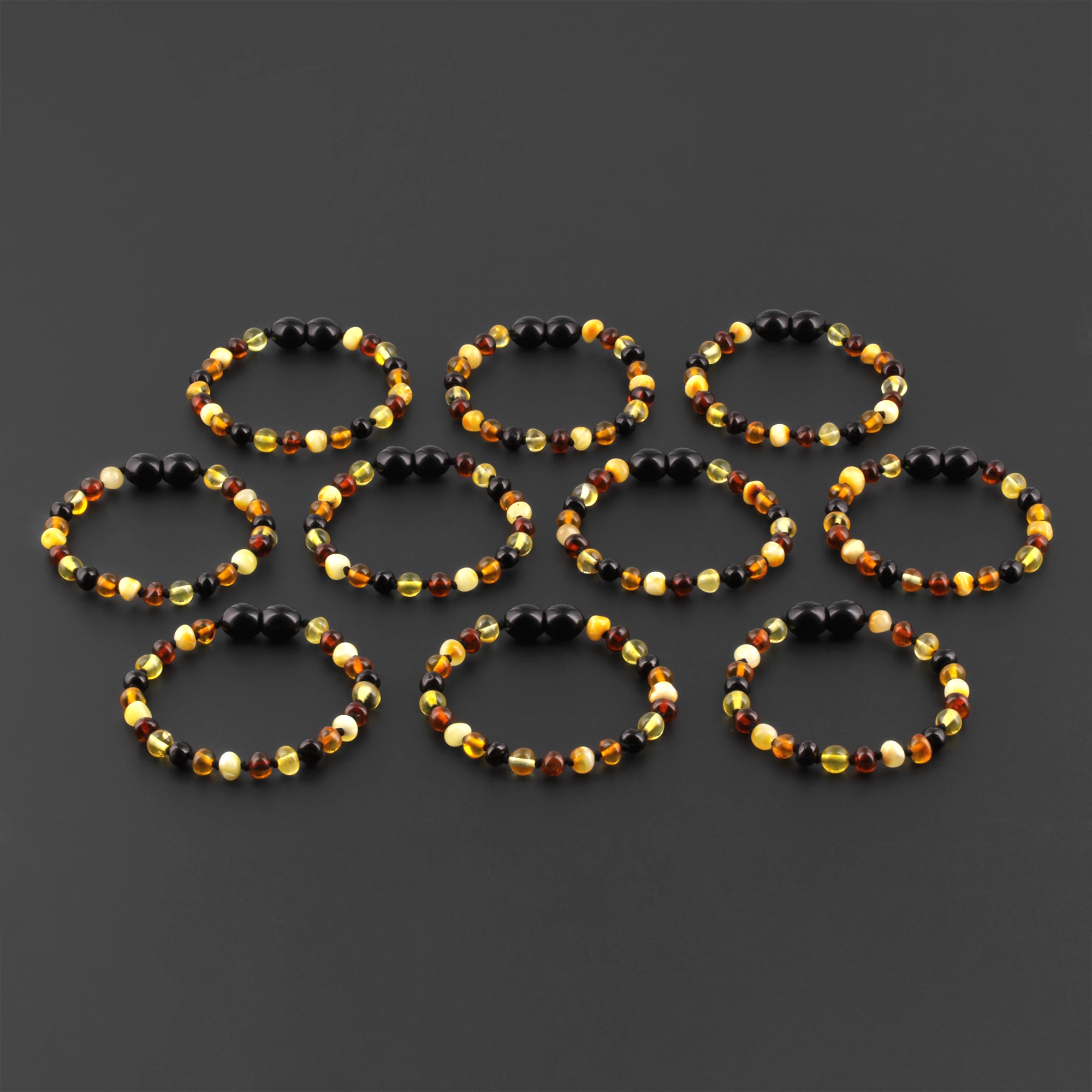 Baltic Amber Baby Teething Bracelet Baroque Multicolor Glossy Finish - Wholesale Lot of 10pcs - 14cm / 5.5in - XB54M2