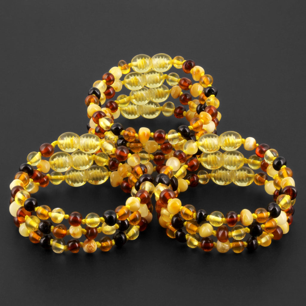 Baltic Amber Baby Teething Bracelet Baroque Multicolor Glossy Finish - Wholesale Lot of 10pcs - 14cm / 5.5in - XB54M1