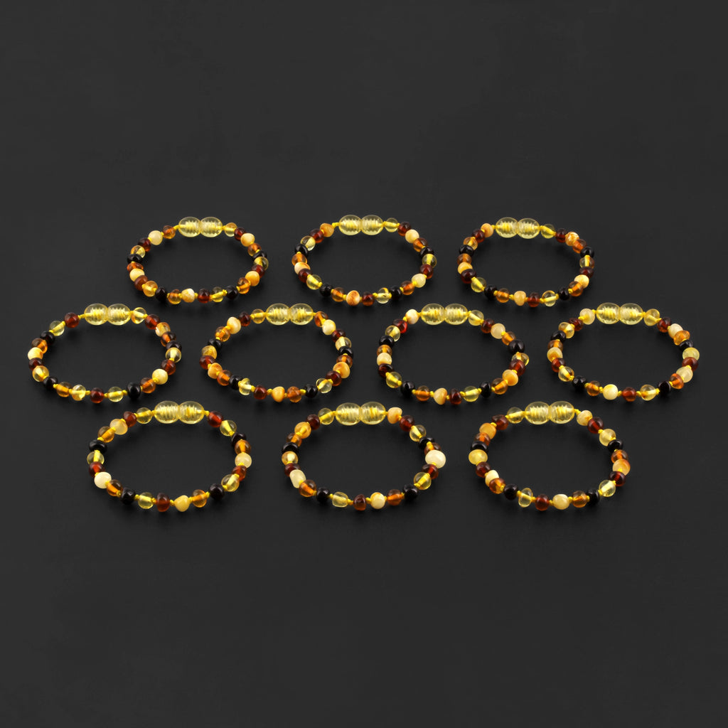 Baltic Amber Baby Teething Bracelet Baroque Multicolor Glossy Finish - Wholesale Lot of 10pcs - 14cm / 5.5in - XB54M1