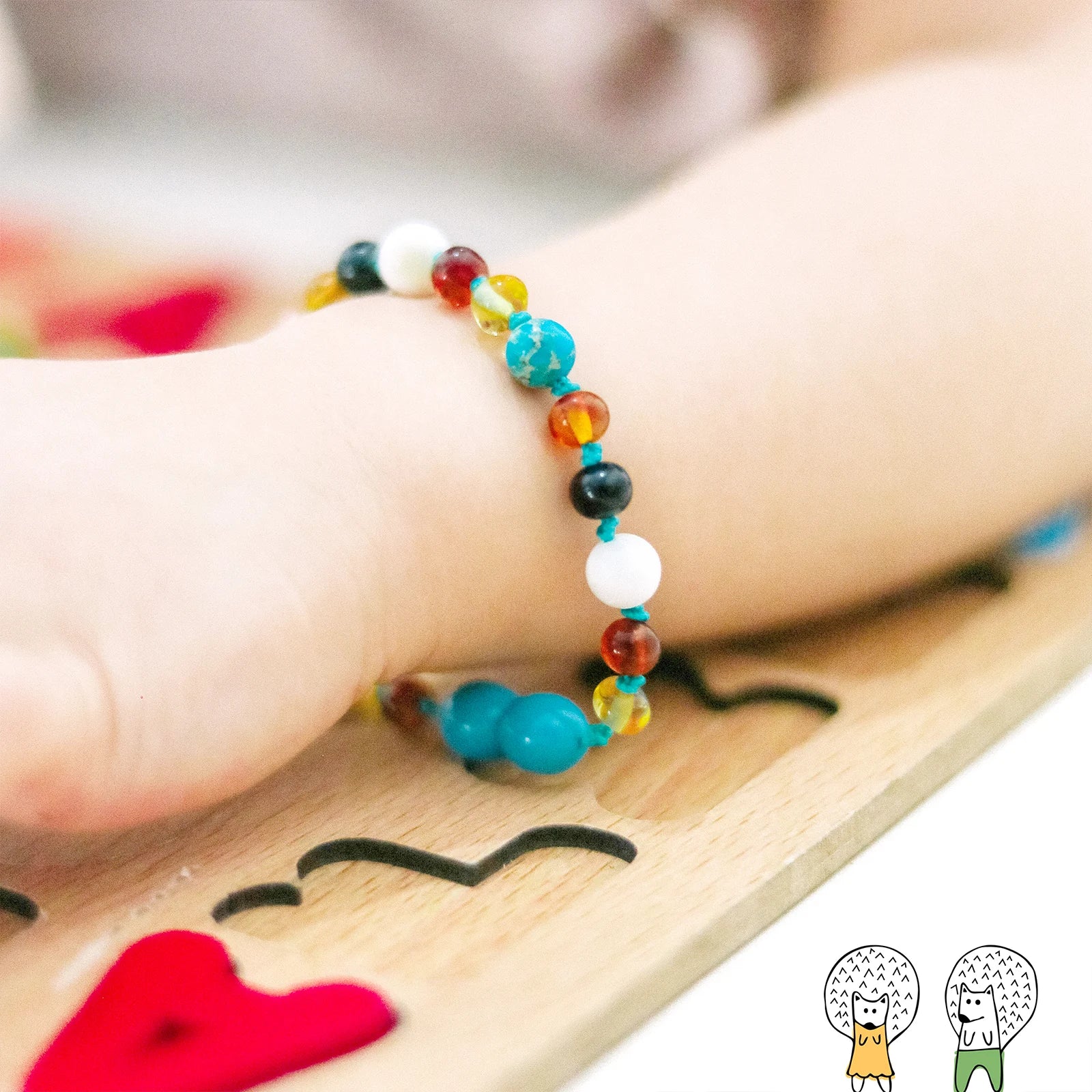 Baltic Amber Teething Bracelet with Lake Blue Imperial Jasper & Tridacna Shell. Baroque 5mm - LE474-T