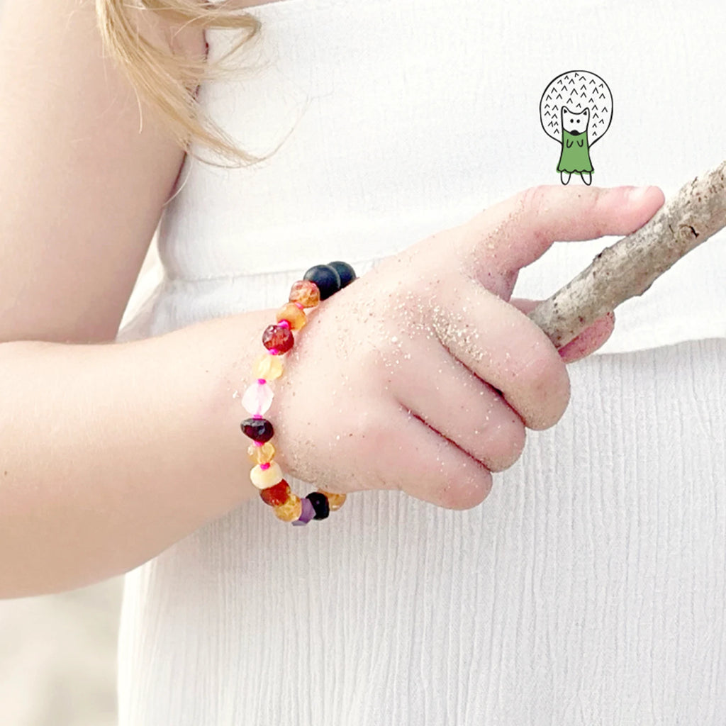 Baltic Amber Teething Bracelet with Amethyst & Rose Quartz. Baroque 6mm - LE560