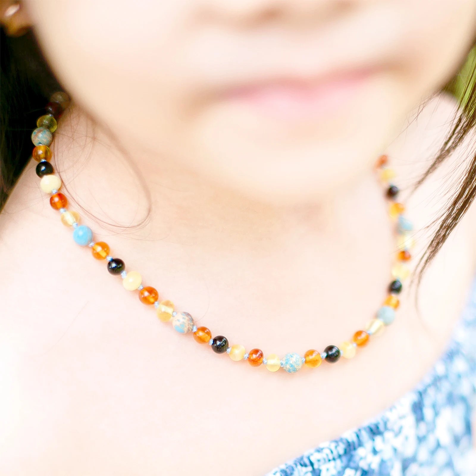 Natural Baltic Amber Junior Necklace with Sky Blue Imperial Jasper. Baroque 5mm - JN106