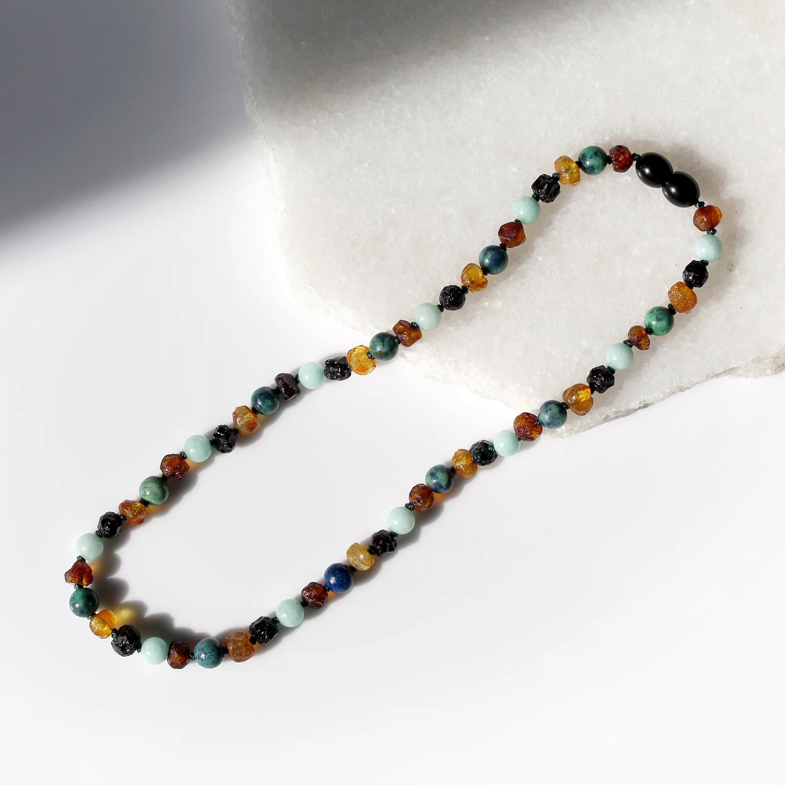 Natural Baltic Amber Junior Necklace with Sky Blue Jade & Azurite. Baroque 5mm - JN108