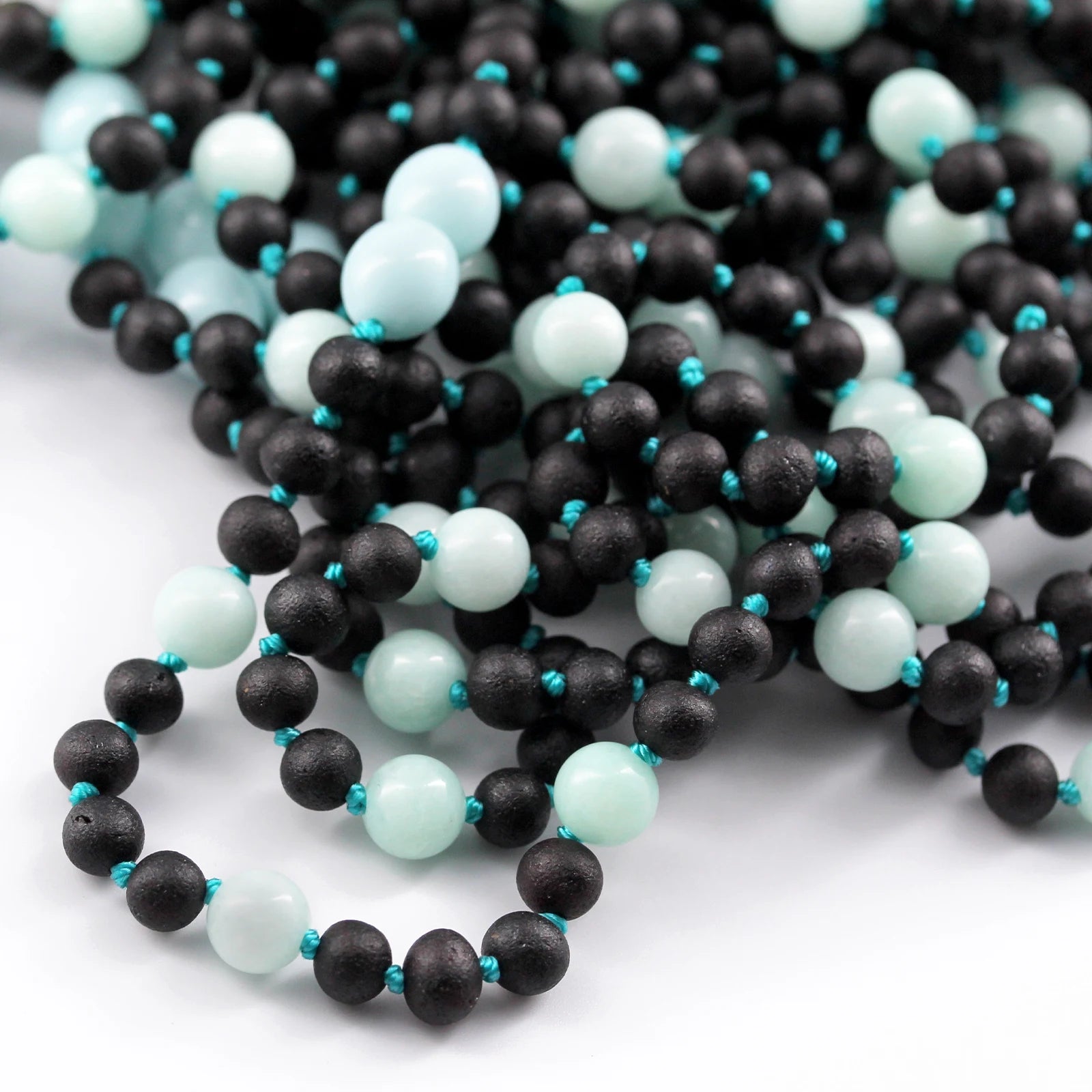 Natural Baltic Amber Junior Necklace with Sky Blue Jade. Baroque 5mm - JN85