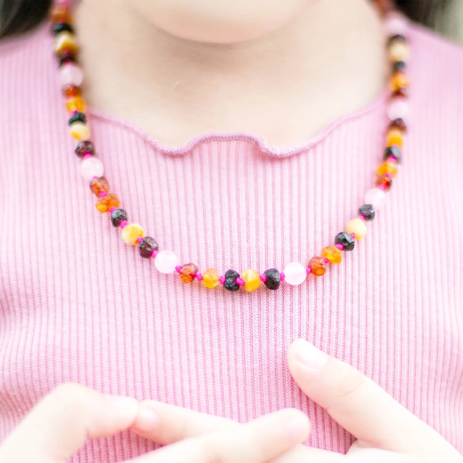 Natural Baltic Amber Junior Necklace with Rose Quartz. Baroque 5mm - JN92