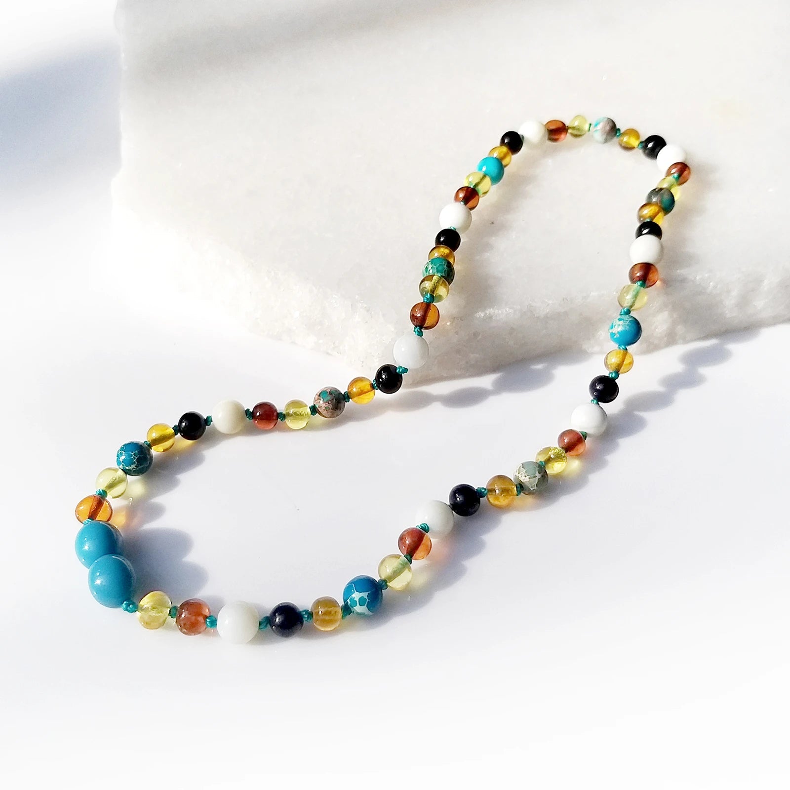 Natural Baltic Amber Junior Necklace with Lake Blue Imperial Jasper & Tridacna Shell. Baroque 5mm - JN96-T