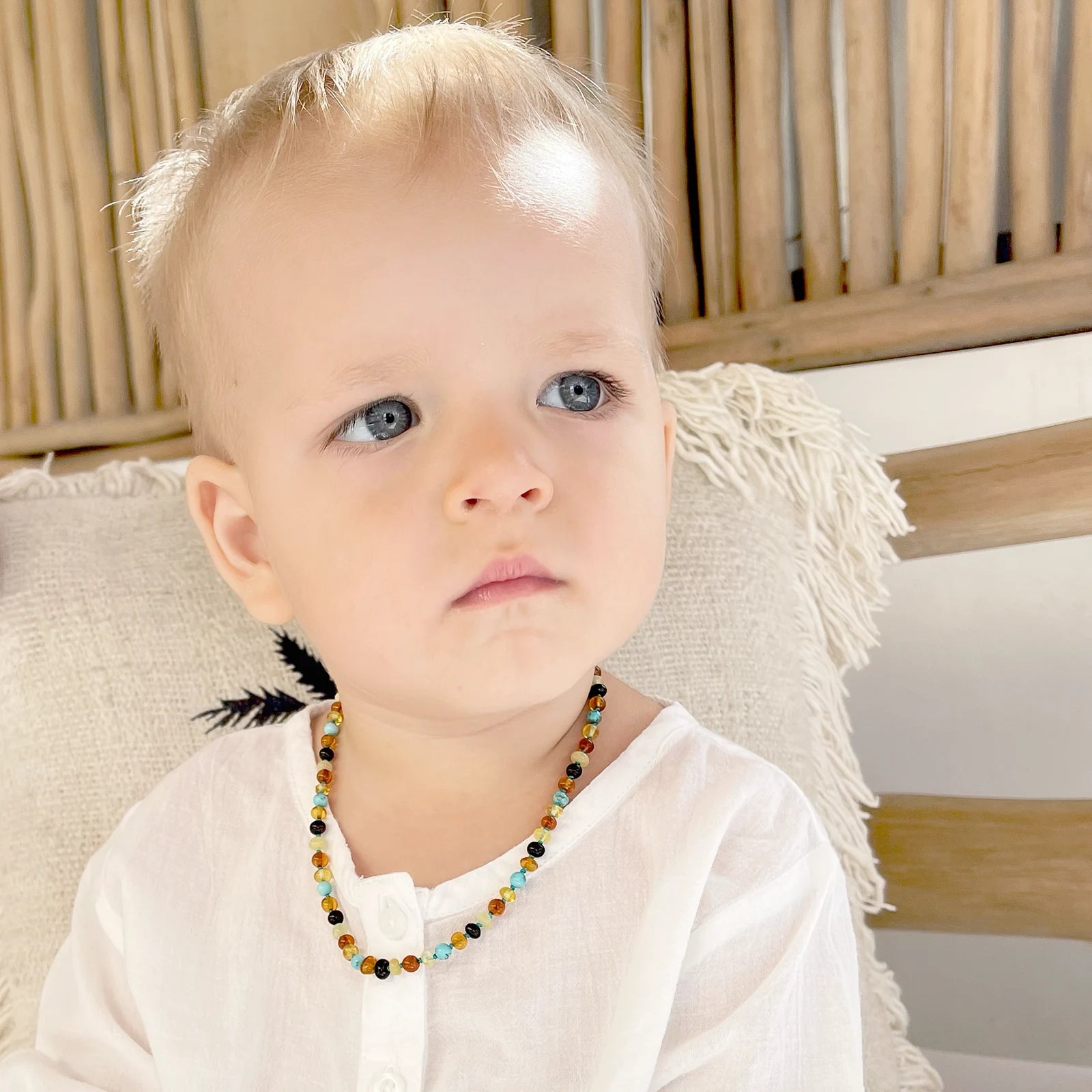 Baltic Amber Teething Necklace with Turquoise. Baroque 4mm - LE465-S