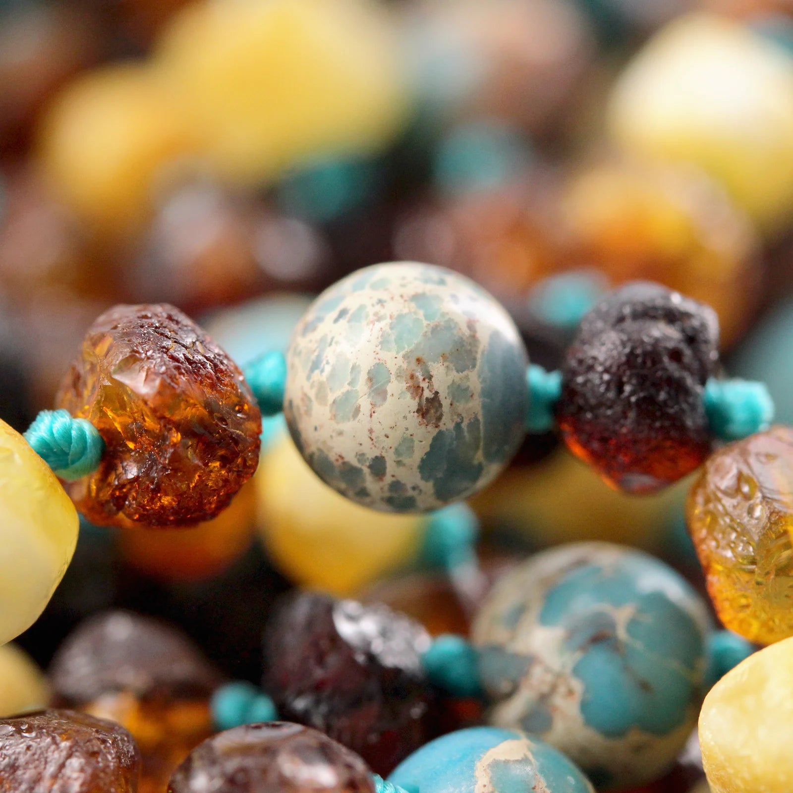 Baltic Amber Teething Necklace with Lake Blue Imperial Jasper. Baroque 5mm - LE471 V2
