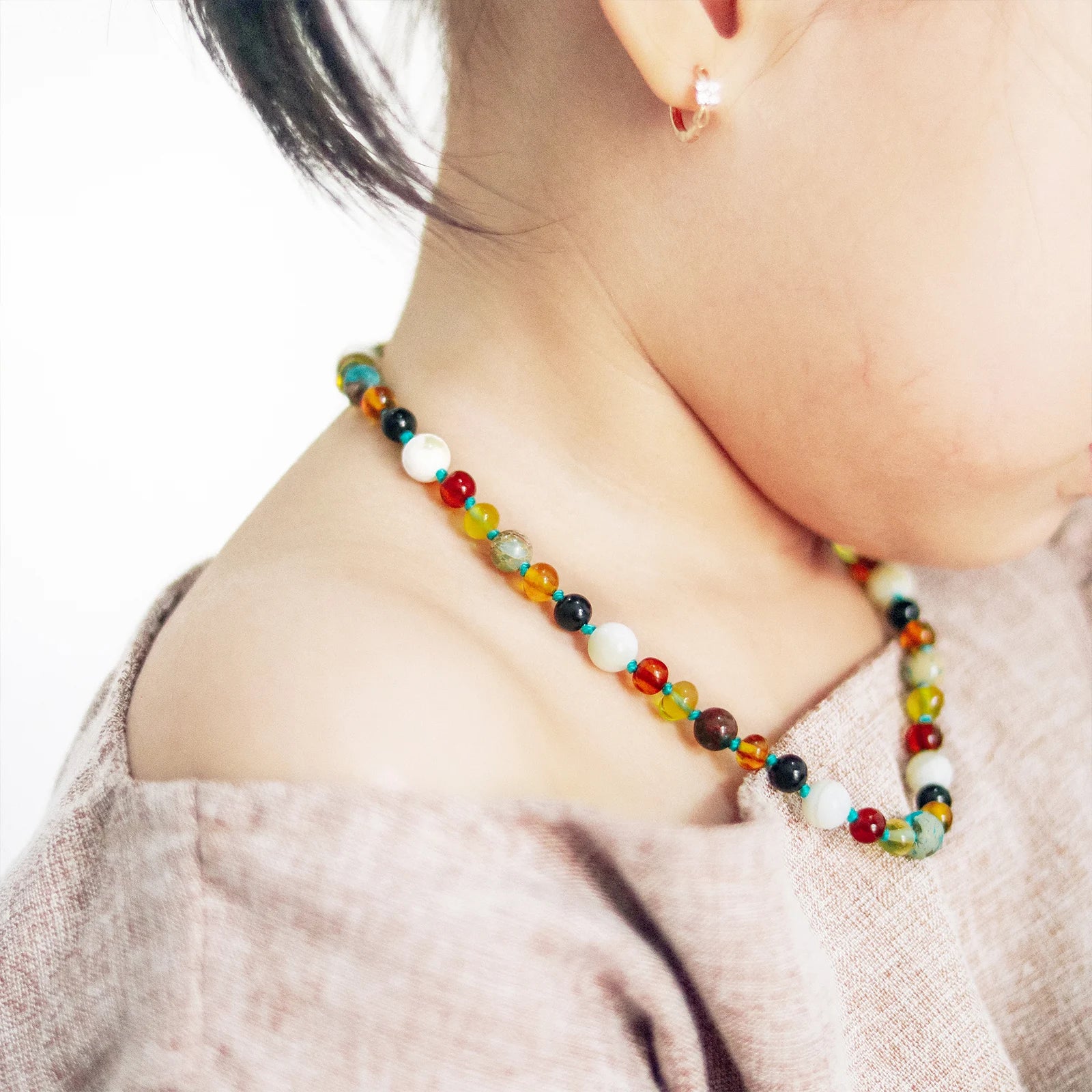 Baltic Amber Teething Necklace with Lake Blue Imperial Jasper & Tridacna Shell. Baroque 5mm - LE474-T