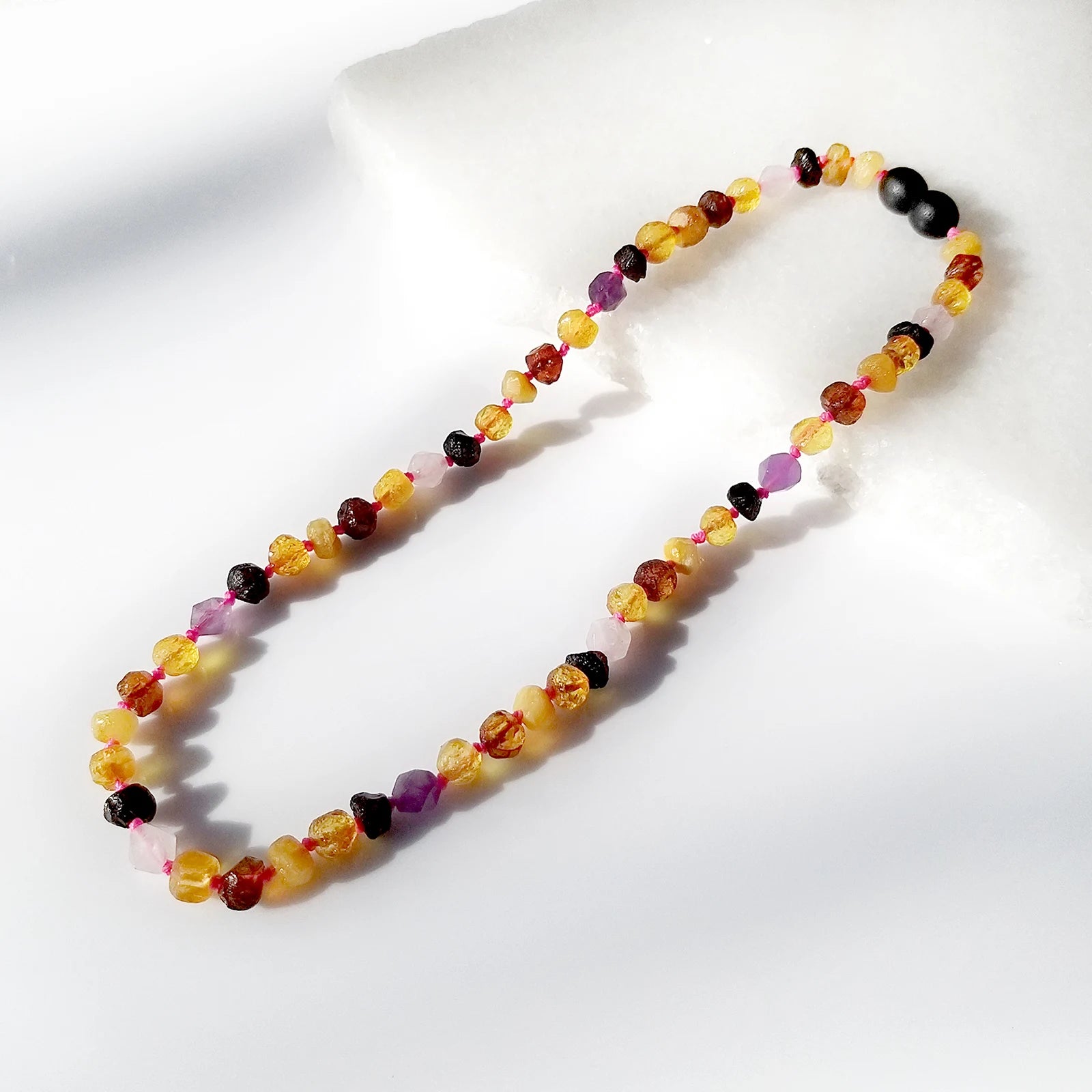 Baltic Amber Teething Necklace with Amethyst & Rose Quartz. Baroque 6mm - LE560