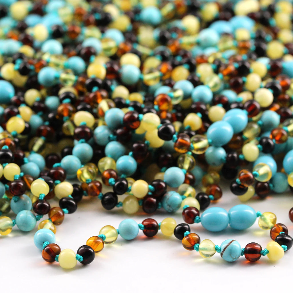 Baltic Amber Teething Necklace with Turquoise. Baroque 5mm - LE465
