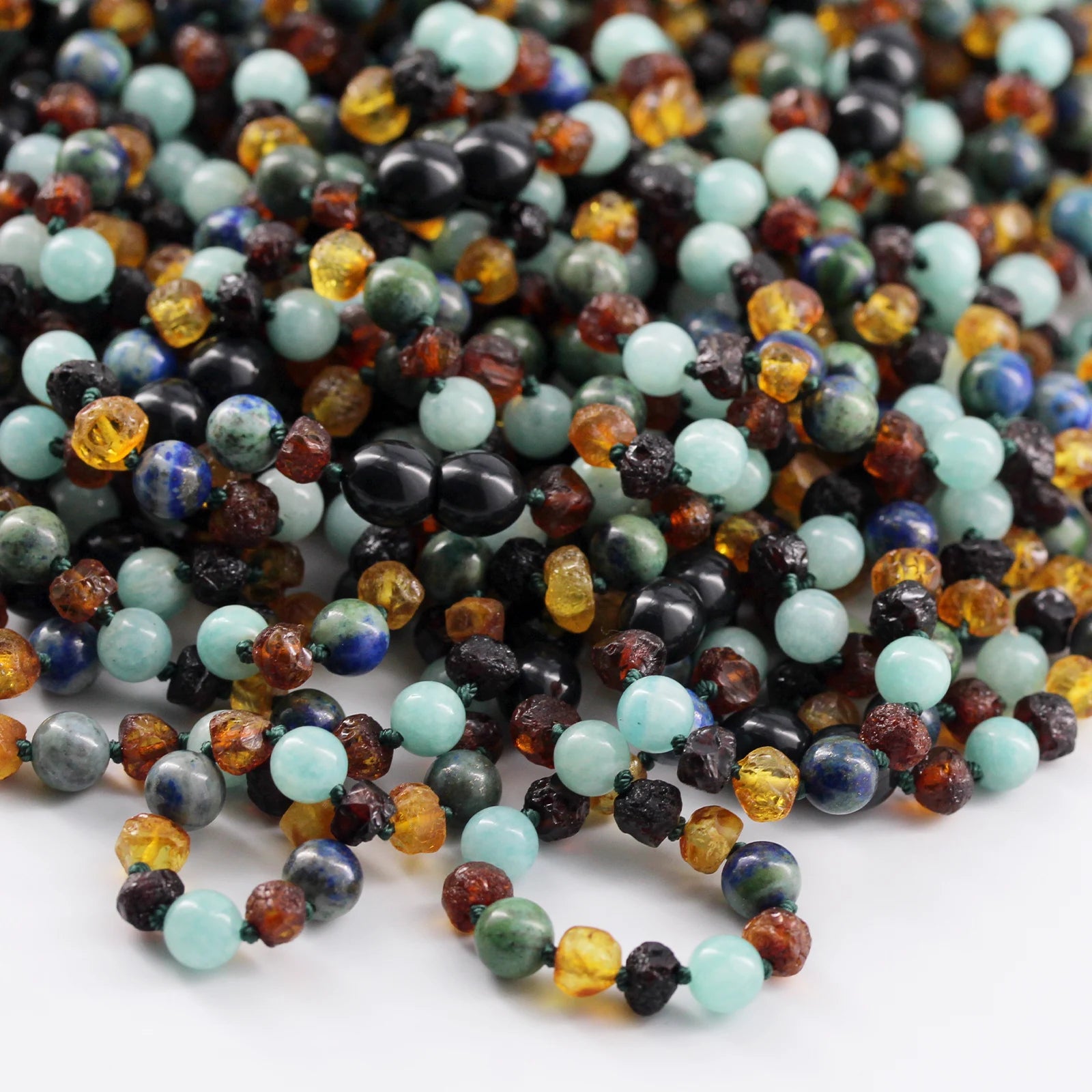 Baltic Amber Teething Necklace with Sky Blue Jade & Azurite. Baroque 5mm - LE470 V2