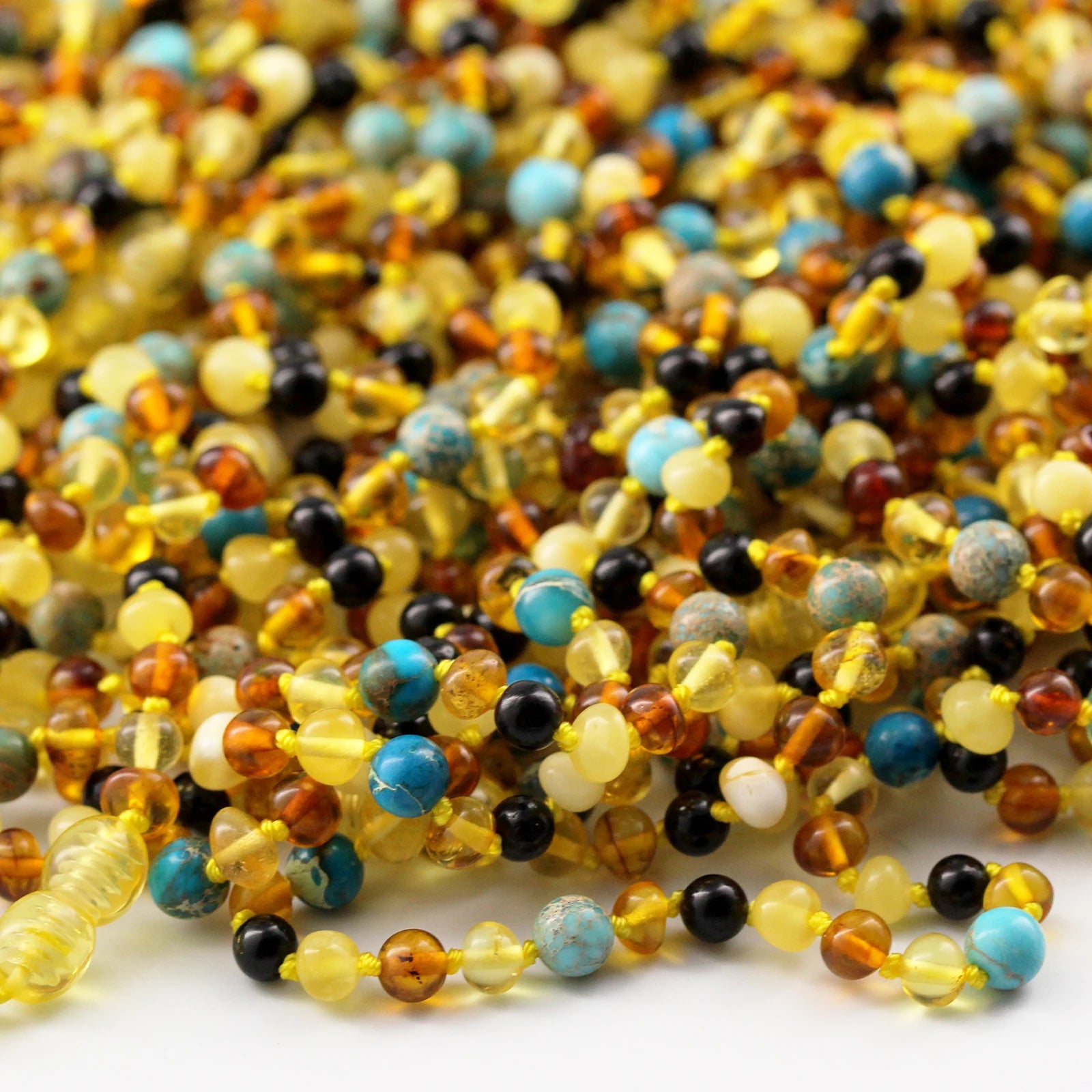 Baltic Amber Teething Necklace with Lake Blue Imperial Jasper. Baroque 5mm - LE474