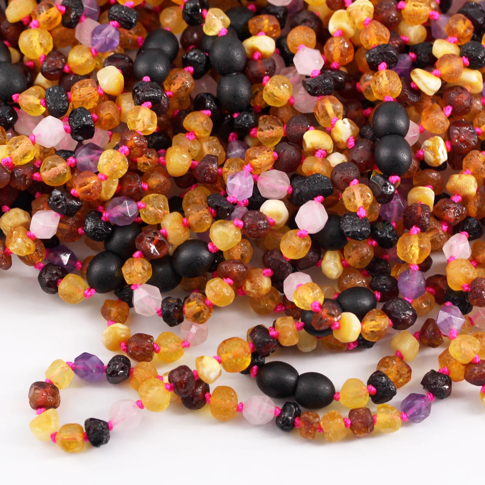 Baltic Amber Teething Necklace with Amethyst & Rose Quartz. Baroque 6mm - LE560
