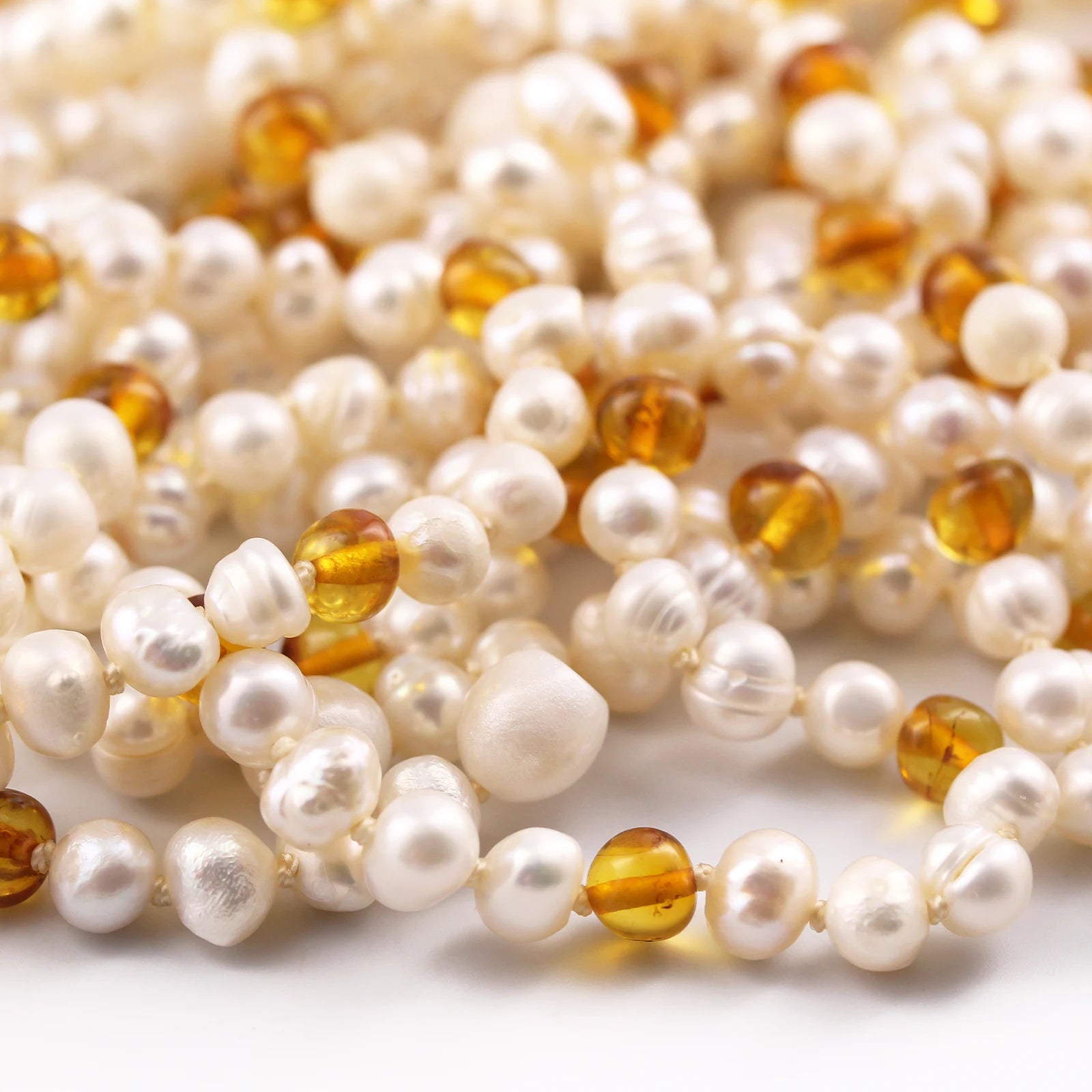 White Freshwater Pearl Kids Necklace with Baltic Amber 6mm - P2
