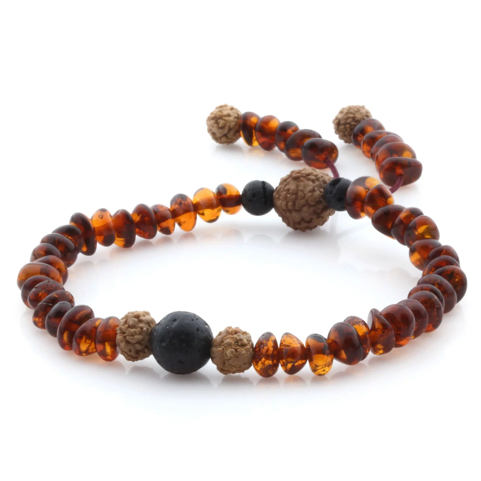 Adult Baltic Amber Bracelet with Lava Stone Mala Tassel. MS01