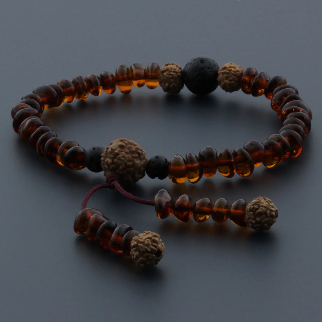 Adult Baltic Amber Bracelet with Lava Stone Mala Tassel. MS01