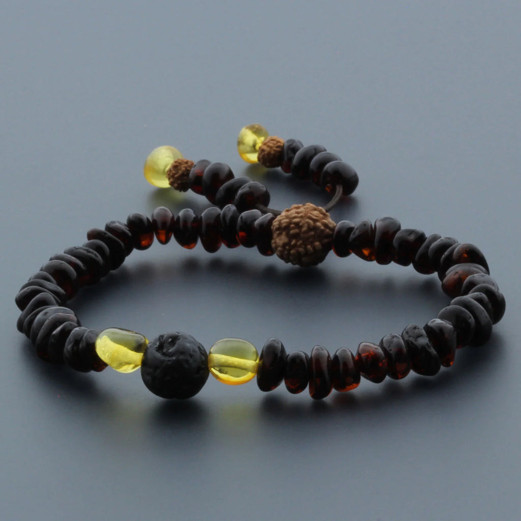 Adult Baltic Amber Bracelet with Lava Stone Mala Tassel. MS03