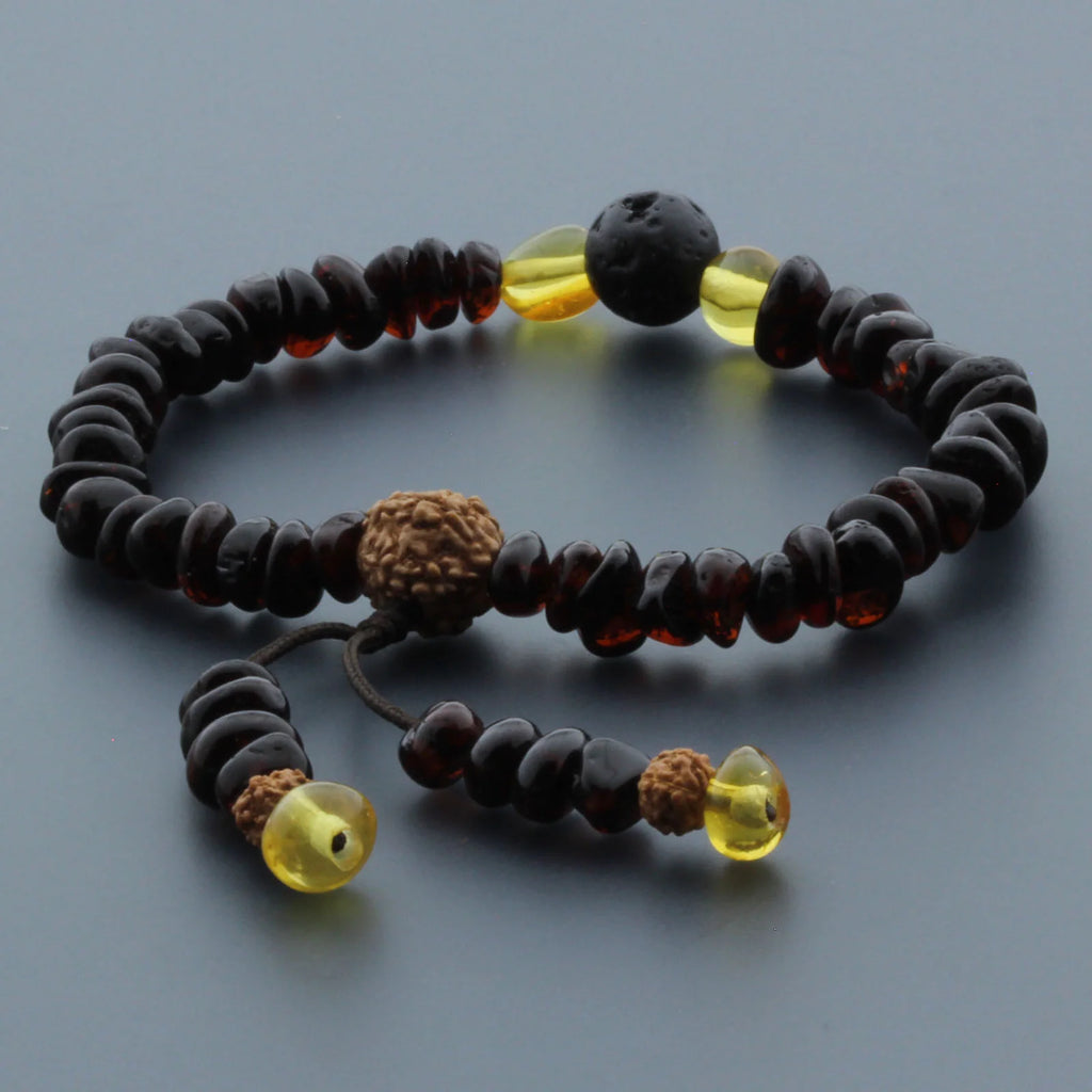 Adult Baltic Amber Bracelet with Lava Stone Mala Tassel. MS03