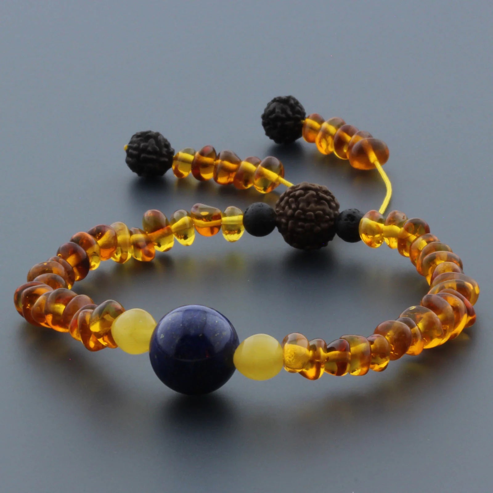 Adult Baltic Amber Bracelet with Lapis Lazuli Mala Tassel. MS05