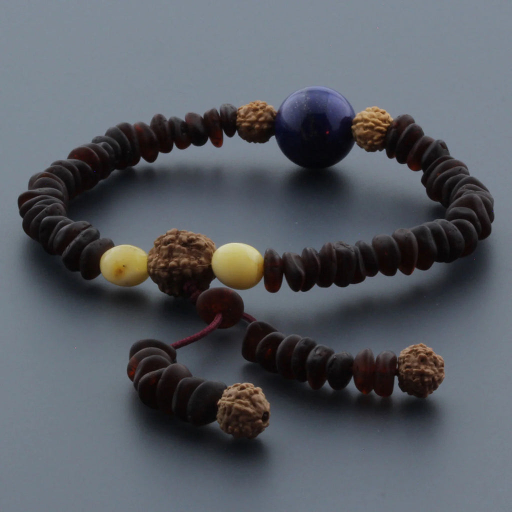 Adult Baltic Amber Bracelet with Lapis Lazuli Mala Tassel. MS06