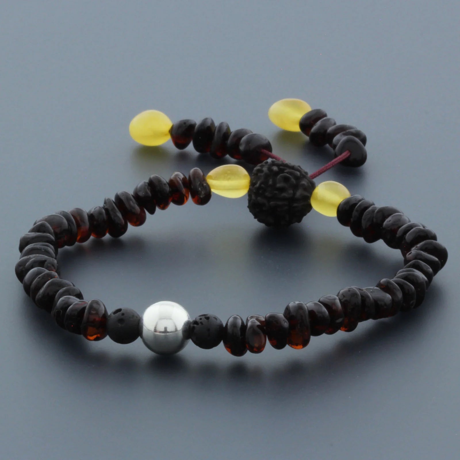 Adult Baltic Amber Bracelet with Lava Stone Mala Tassel. MS08
