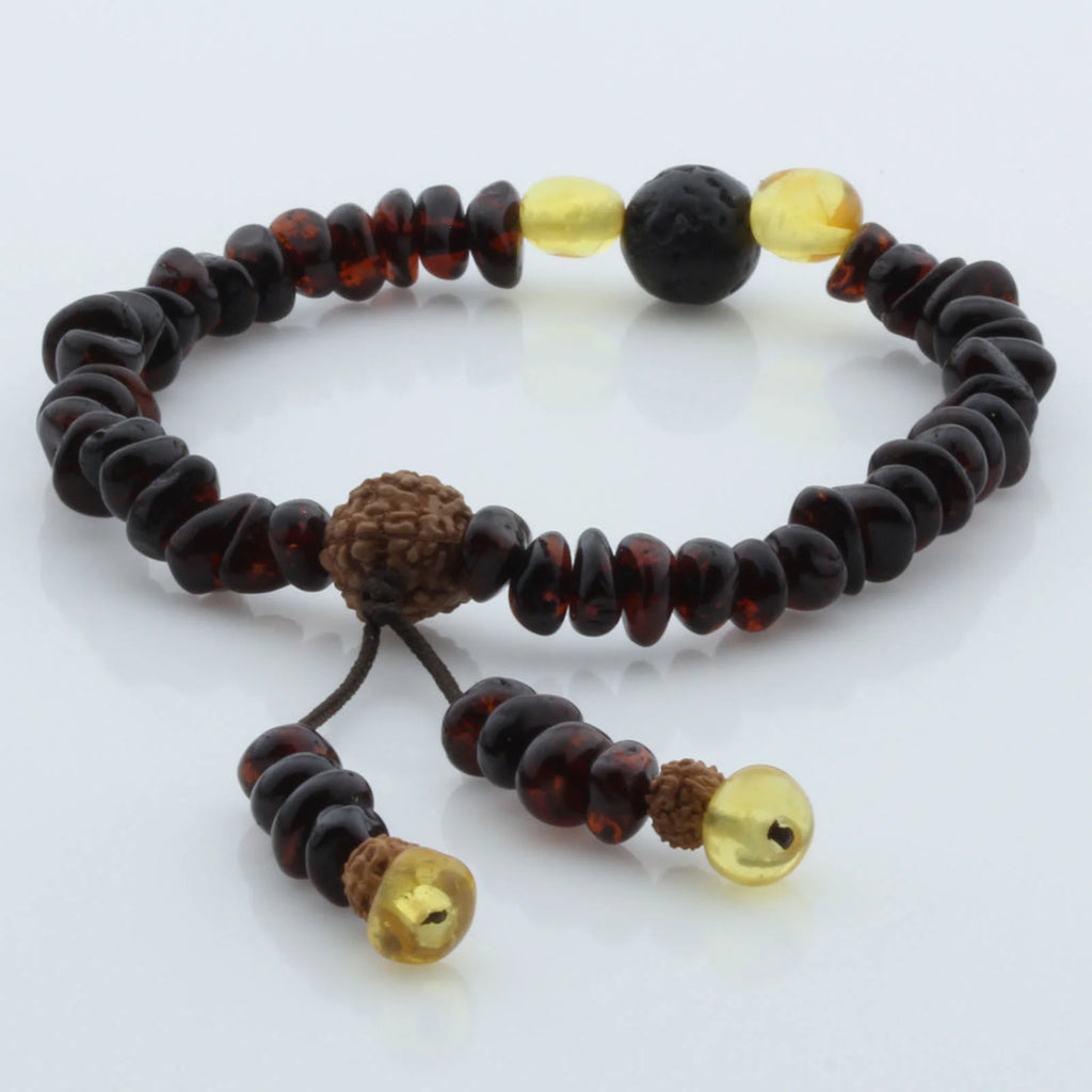Adult Baltic Amber Bracelet with Lava Stone Mala Tassel. MS03