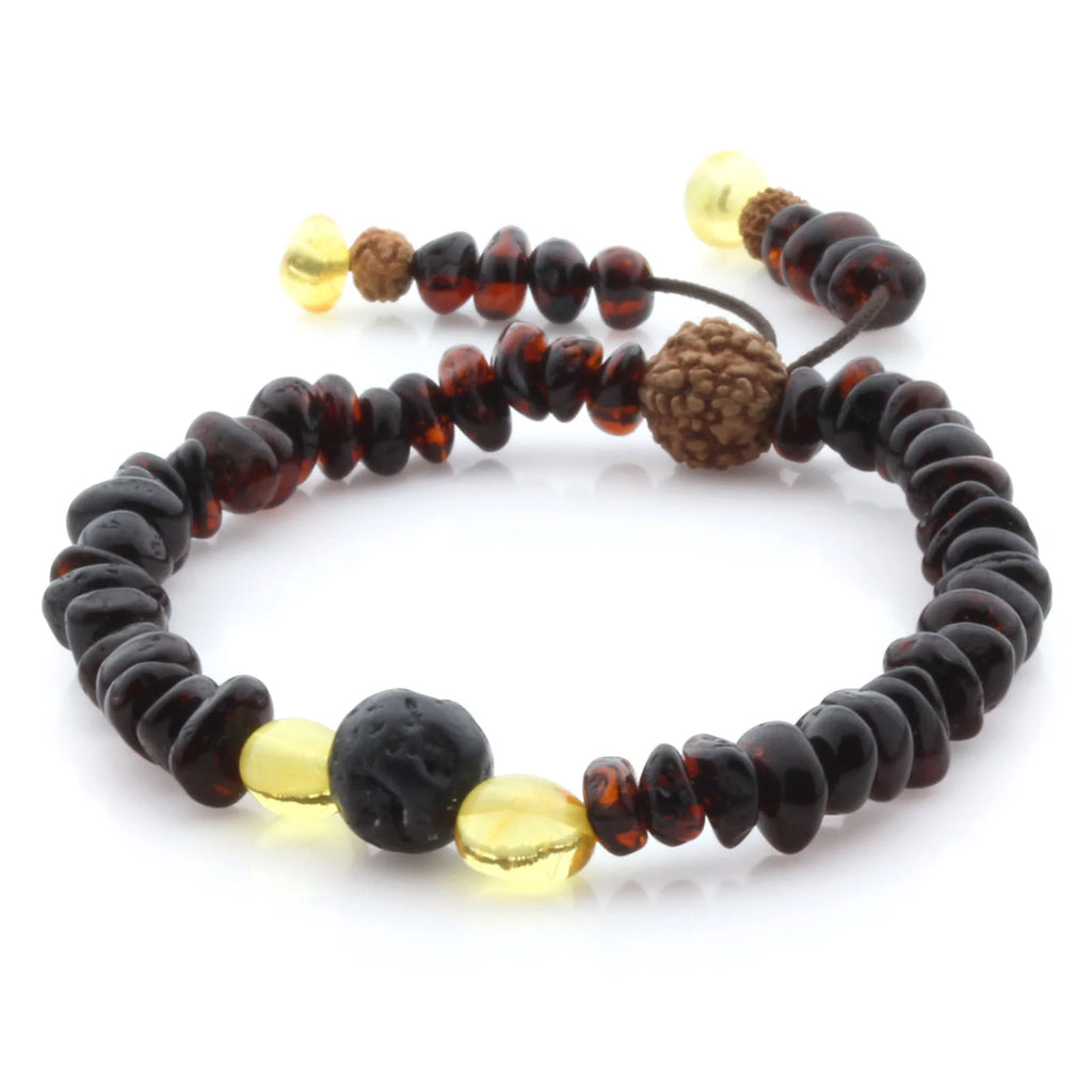 Adult Baltic Amber Bracelet with Lava Stone Mala Tassel. MS03
