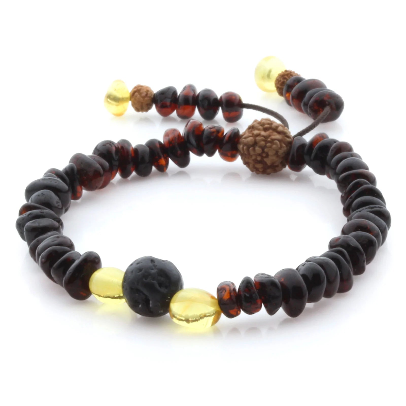 Adult Baltic Amber Bracelet with Lava Stone Mala Tassel. MS03