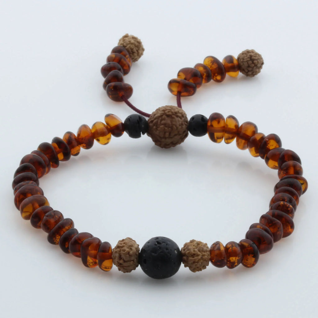 Adult Baltic Amber Bracelet with Lava Stone Mala Tassel. MS01
