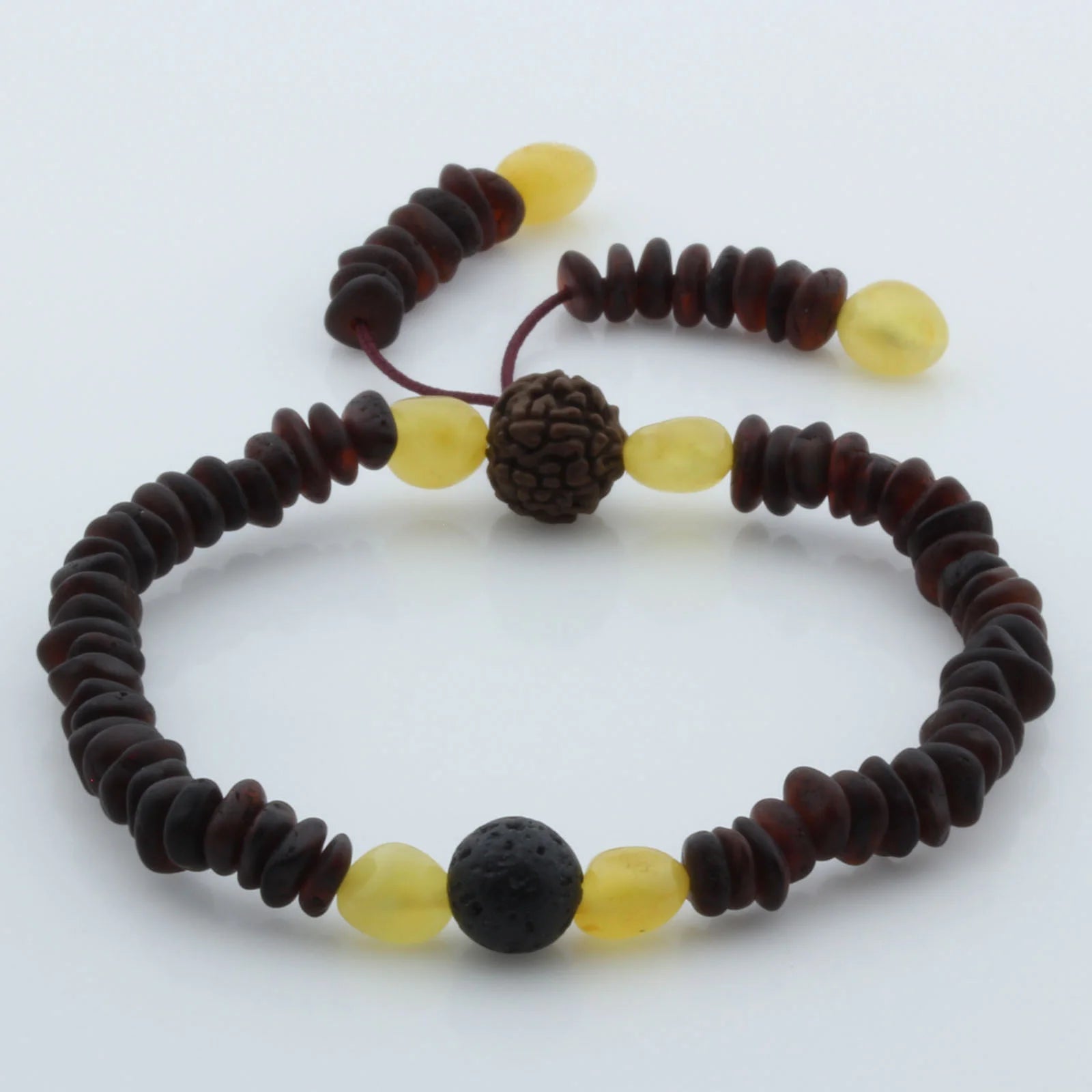 Adult Baltic Amber Bracelet with Lava Stone Mala Tassel. MS07