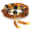 Baltic amber round flat adult bracelet with lava stone and rudraksha