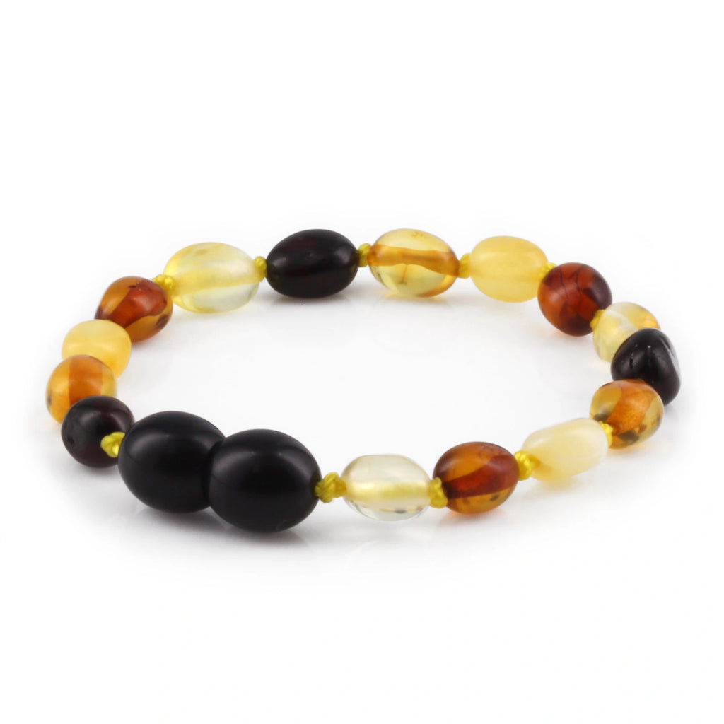 Baltic Amber Teething Bracelet. Olive Multicolor Glossy 5mm - OL64